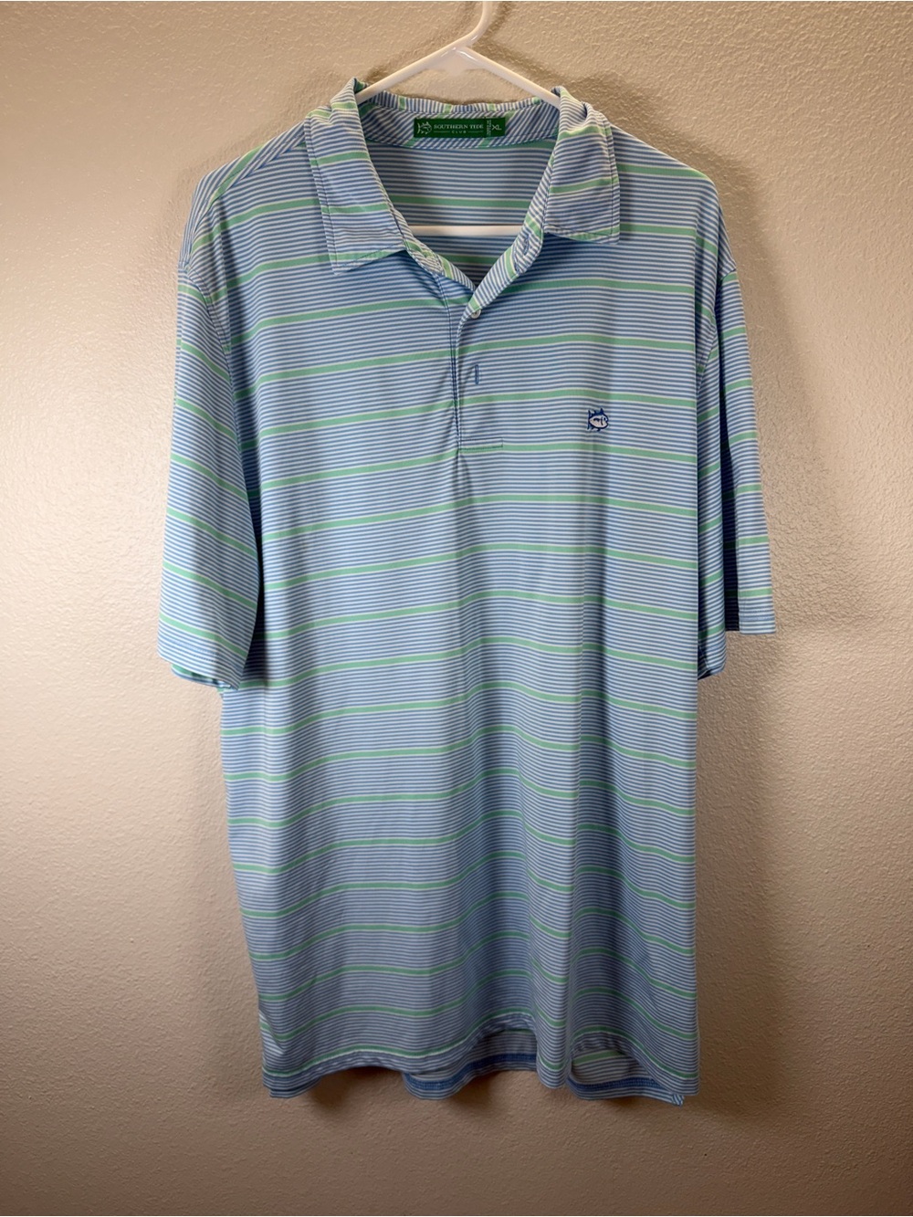 Southern Tide Blue Polo with Green Stripe
